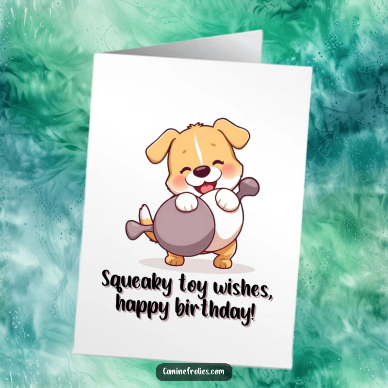 Funny free printable birthday card featuring a dog gleefully wrestling a giant squeaky toy, perfect for dog lovers.