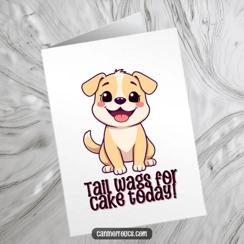 Funny Free Printable Happy Birthday Card featuring a cute dog with a big grin and a fast-wagging tail, ready to party.