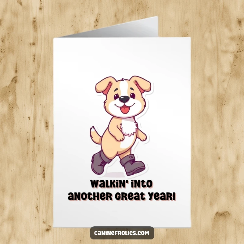 Funny Free Printable Birthday Card: Dog proudly walking in comically oversized boots, exuding confidence and birthday charm.