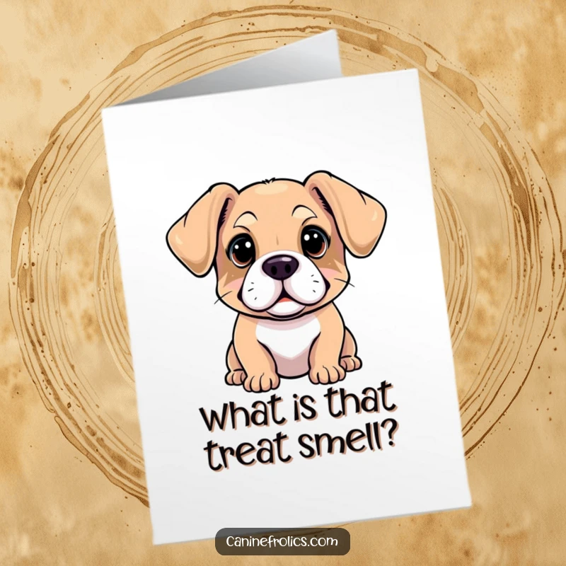 Funny Free Printable Birthday Card featuring an inquisitive dog with ears flopped forward, looking curiously at the birthday surprise.