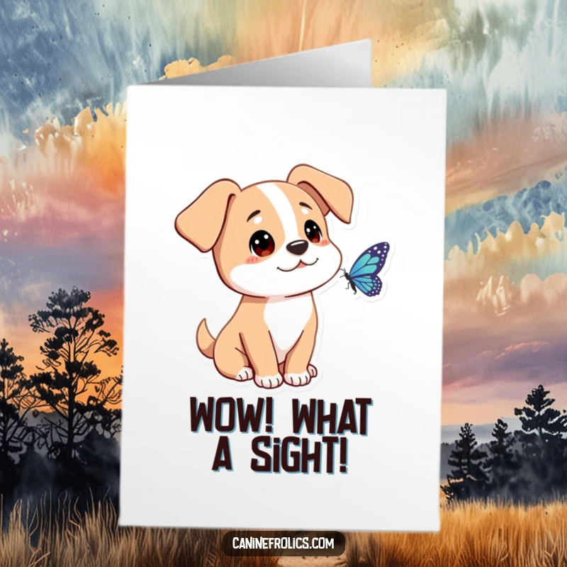 Funny Free Printable Congratulations Card: A dog with droopy ears gazes intently at a fluttering butterfly.