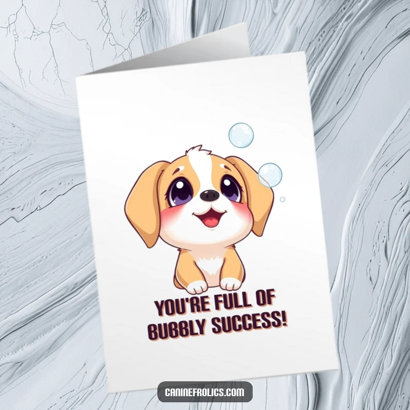Funny Free Printable Congrats Card: A dog's eyes are wide with pure delight as it gazes at floating bubbles.