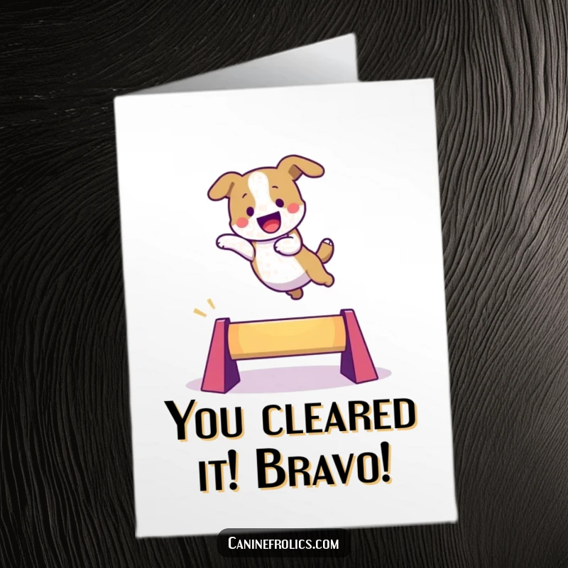 Funny Free Printable Congratulations Card: A dog joyfully leaps over a colorful obstacle, symbolizing achievement.