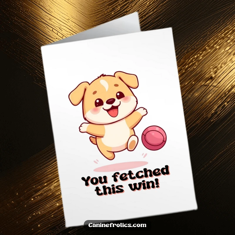 Funny Free Printable Congrats Card: Round dog leaping excitedly towards a bouncing ball in celebration.