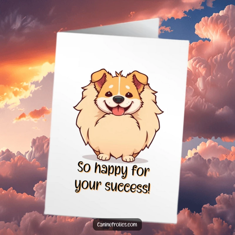 Funny Free Printable Congrats Card: A dog's comically wide grin emerges from behind its oversized, fluffy tail, celebrating.