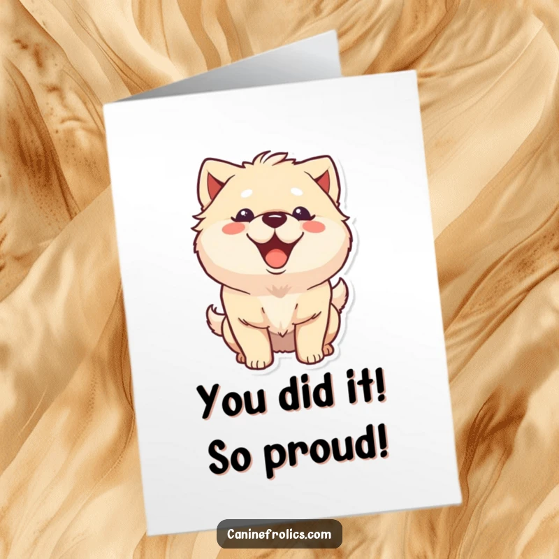 Funny Free Printable Congratulations Card: A fluffy dog beaming with a huge grin and enthusiastically wagging its tail.