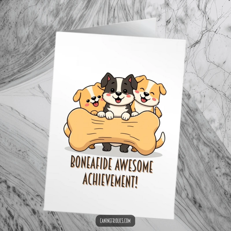 Funny Free Printable Congratulations Card: Simplified happy dogs sharing a large bone, a perfect downloadable gift for celebrations.