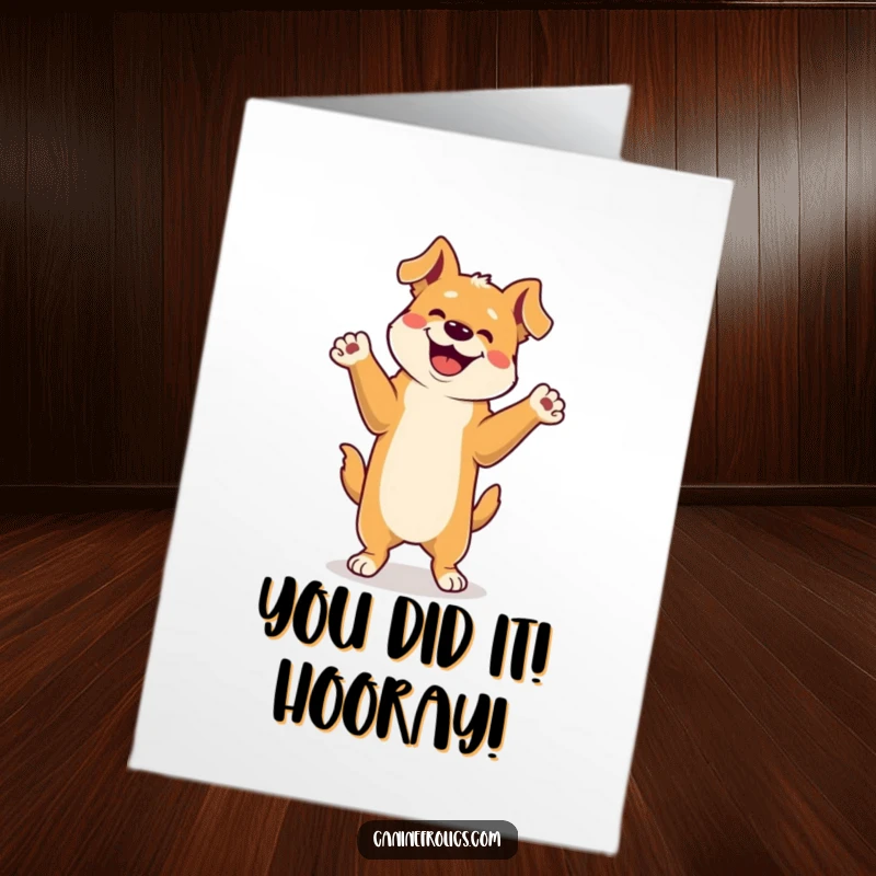 Funny Free Printable Congrats Card: Joyful dog doing a happy dance on hind legs, celebrating success.