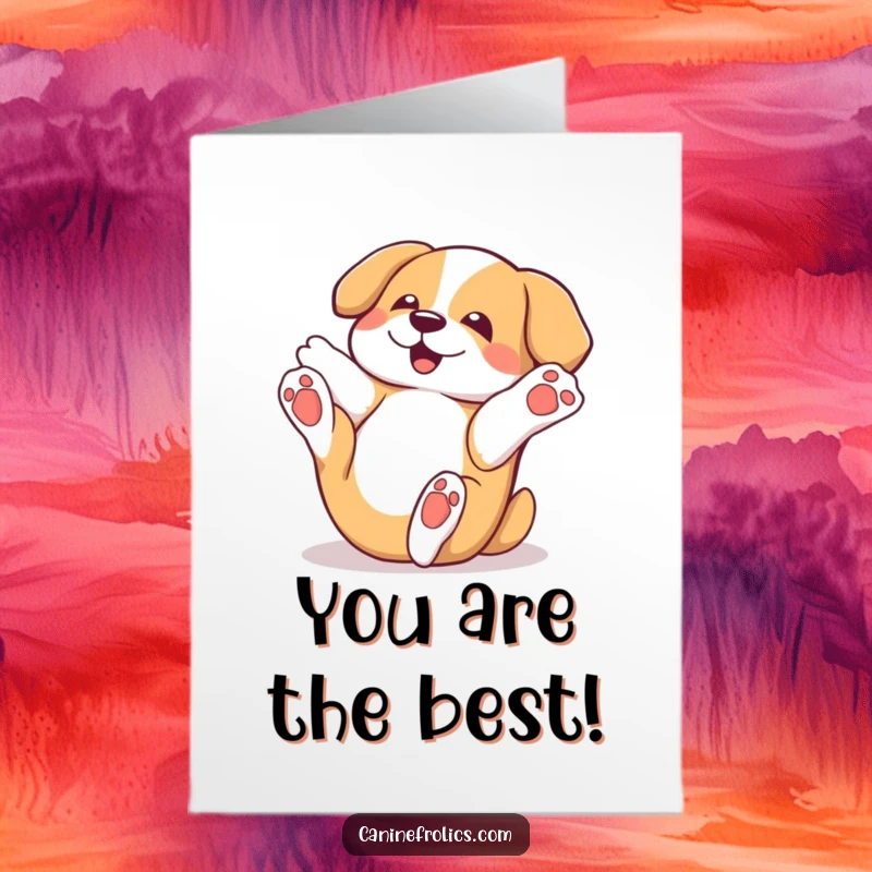 Funny Free Printable Congratulations Card: A dog twists with delight, rolling on its back with paws reaching for the sky.