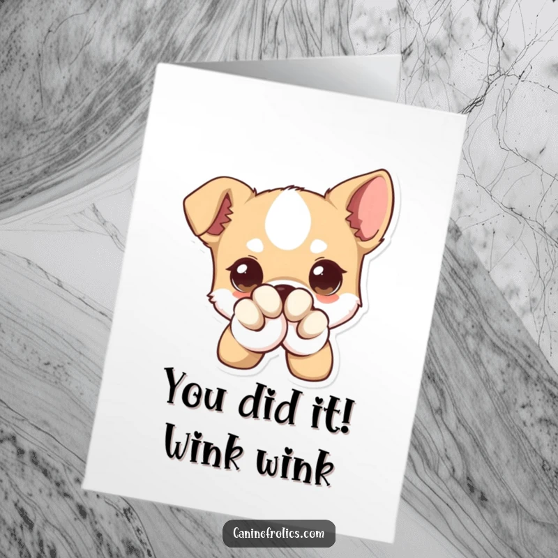 Funny Free Printable Congratulations Card: Winking dog with huge eyes peeks from behind a paw, great for DIY gifts.