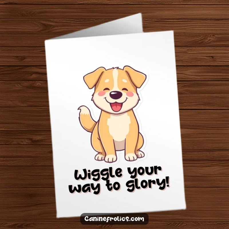 Funny Free Printable Congratulations Card: A dog radiating pure joy, its entire body wiggling uncontrollably from the sheer force of its happy tail wag.