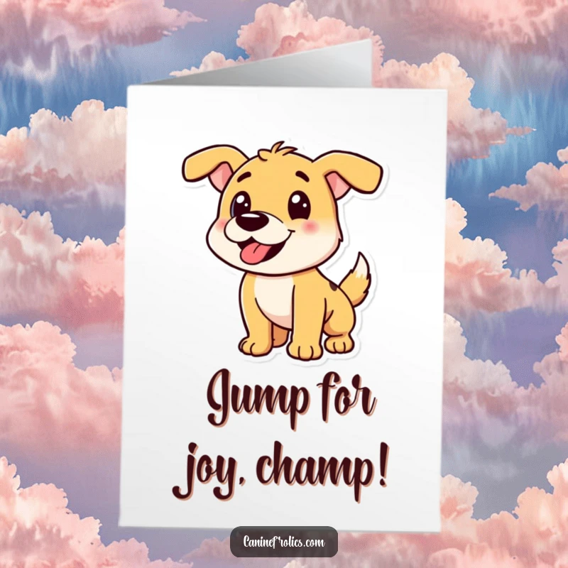 Funny Free Printable Congratulations Card: A dog in a dynamic play pounce, perfect for celebrating exciting news.