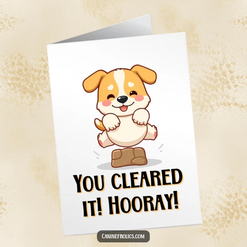 Funny Free Printable Congratulations Card: Agile dog gracefully leaping over a hurdle, symbolizing a successful achievement with pure delight.