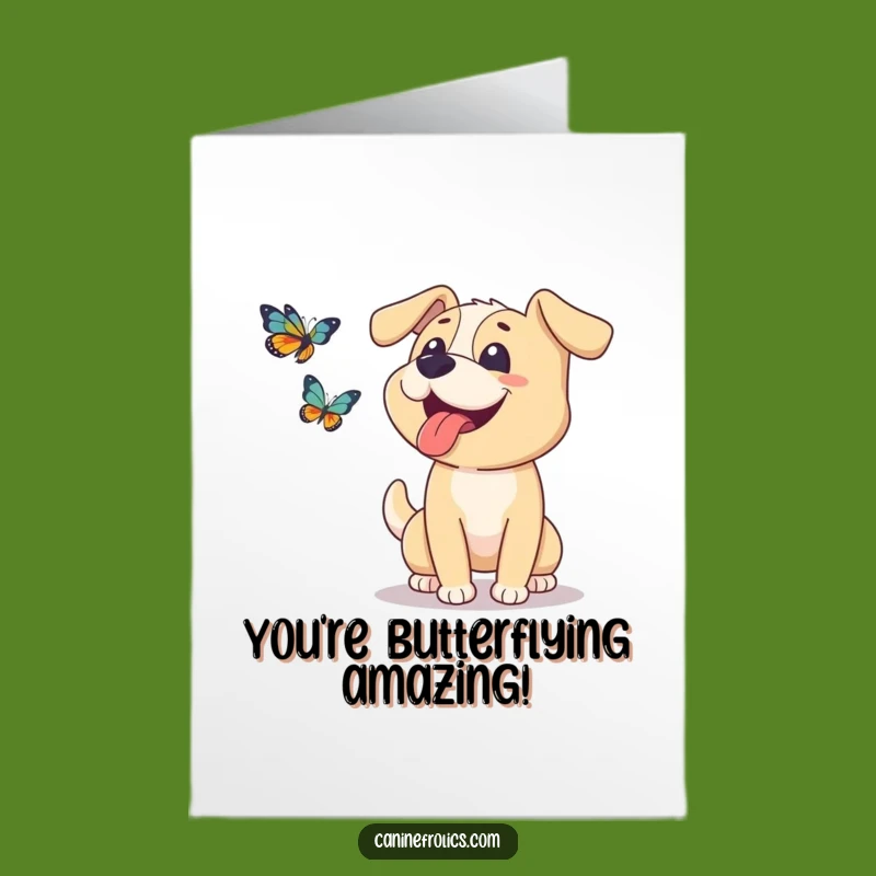 Free Printable Congrats Card: Joyful Dog Butterfly Chase - Funny Downloadable Gift
