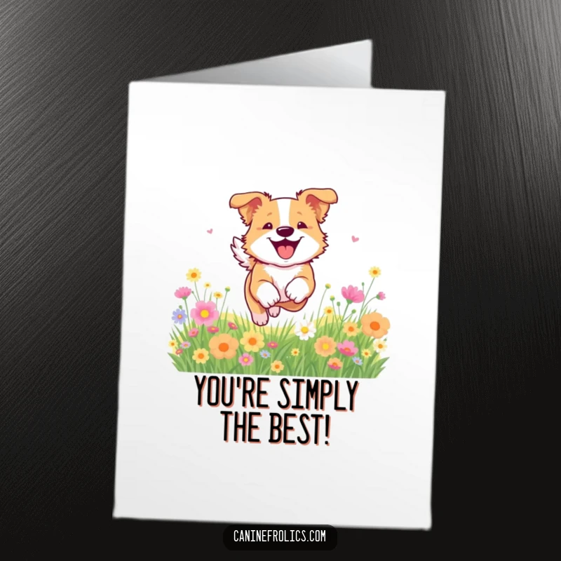 Funny Free Printable Congratulations Card: Happy dog leaping through a colorful meadow of flowers, embodying freedom and pure bliss.