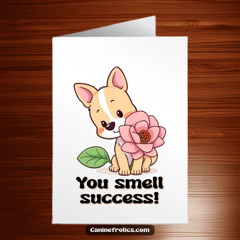 Funny Free Printable Congratulations Card showing a dog curiously sniffing a giant flower after a successful endeavor.