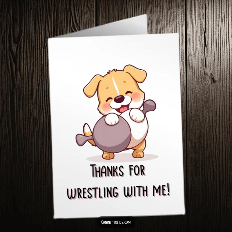 Funny free printable thank you card with a happy dog getting tangled with its oversized squeaky toy.