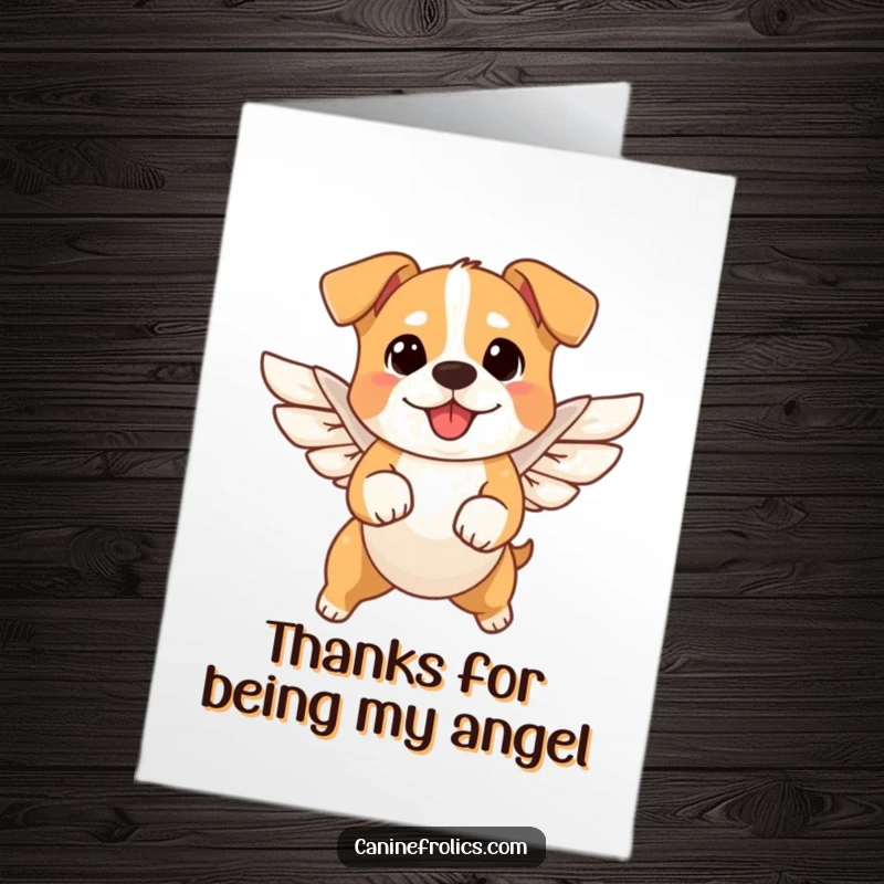 Funny Free Printable Thank You Card depicting a dog with small wings, gracefully flying and sending thanks.