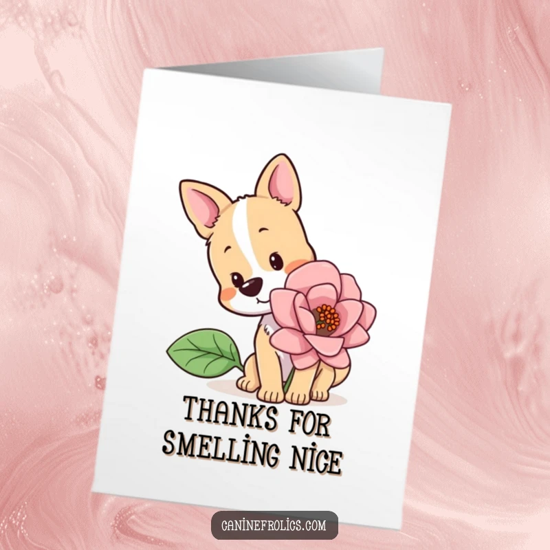 Funny Free Printable Thank You Card featuring a dog with a curious head tilt, smelling a huge, wonderful flower.
