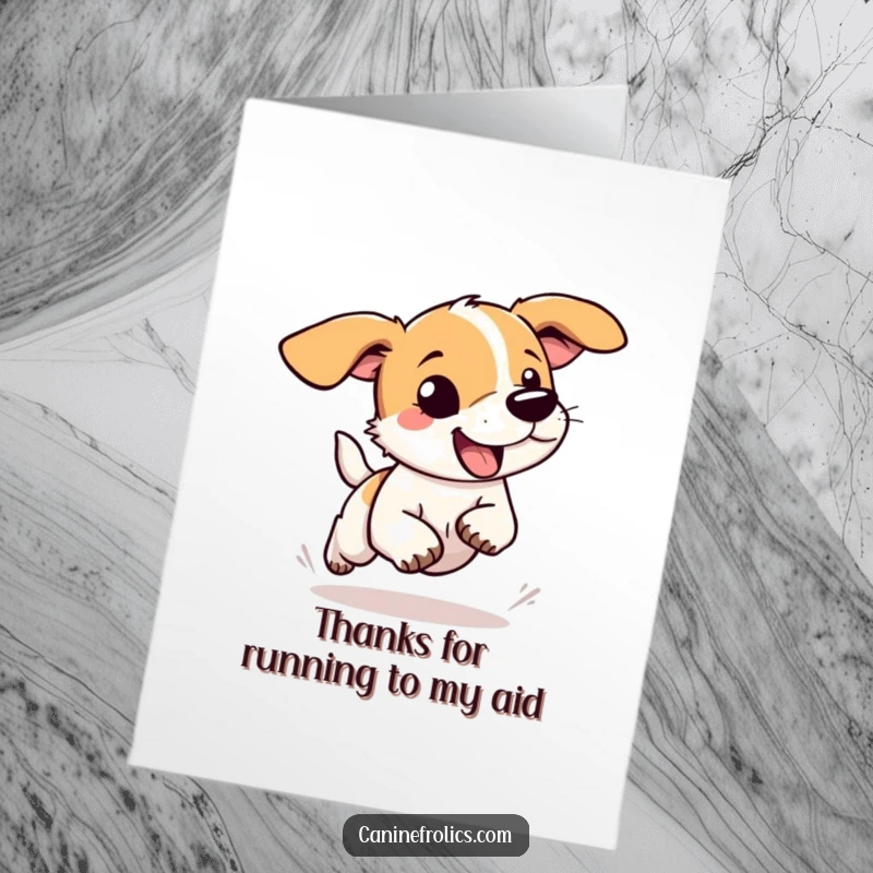 Funny Free Printable Thank You Card featuring a dog with wonderfully floppy ears, running with uninhibited joy.