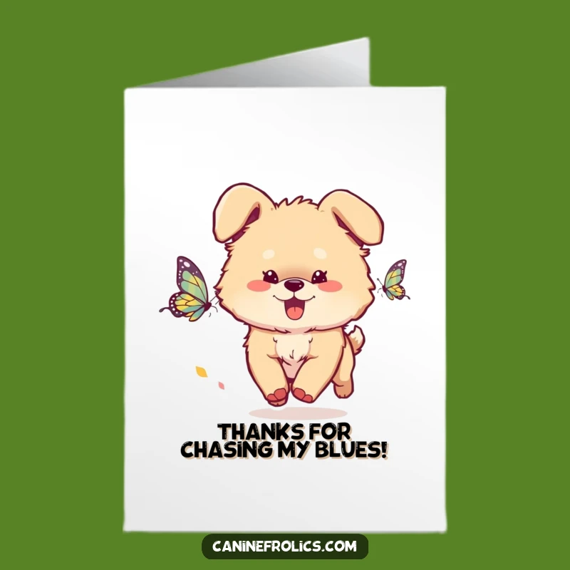 Free Printable Thank You Card: Fluffy Dog Chasing Butterfly, Grateful Downloadable Gift