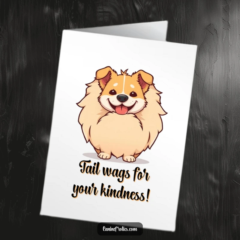 Funny Free Printable Thank You Card: Dog's gigantic smile pops out from its voluminous, fluffy tail, a thankful surprise.