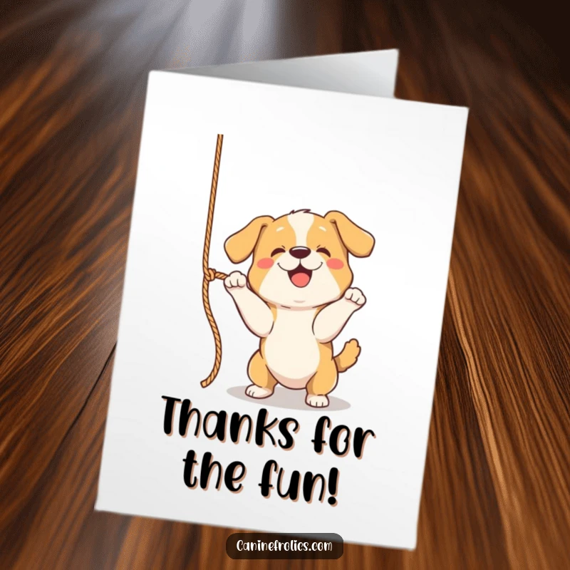 Funny Free Printable Thank You Card: A dog is enthusiastically batting at an inviting rope, a charming DIY thank you.