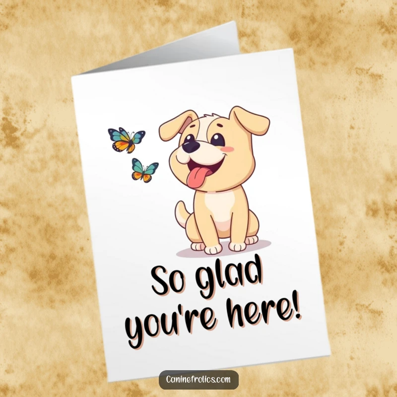 Funny Free Printable Thank You Card: A happy dog, tongue out, gleefully chases a butterfly, symbolizing joyful appreciation.
