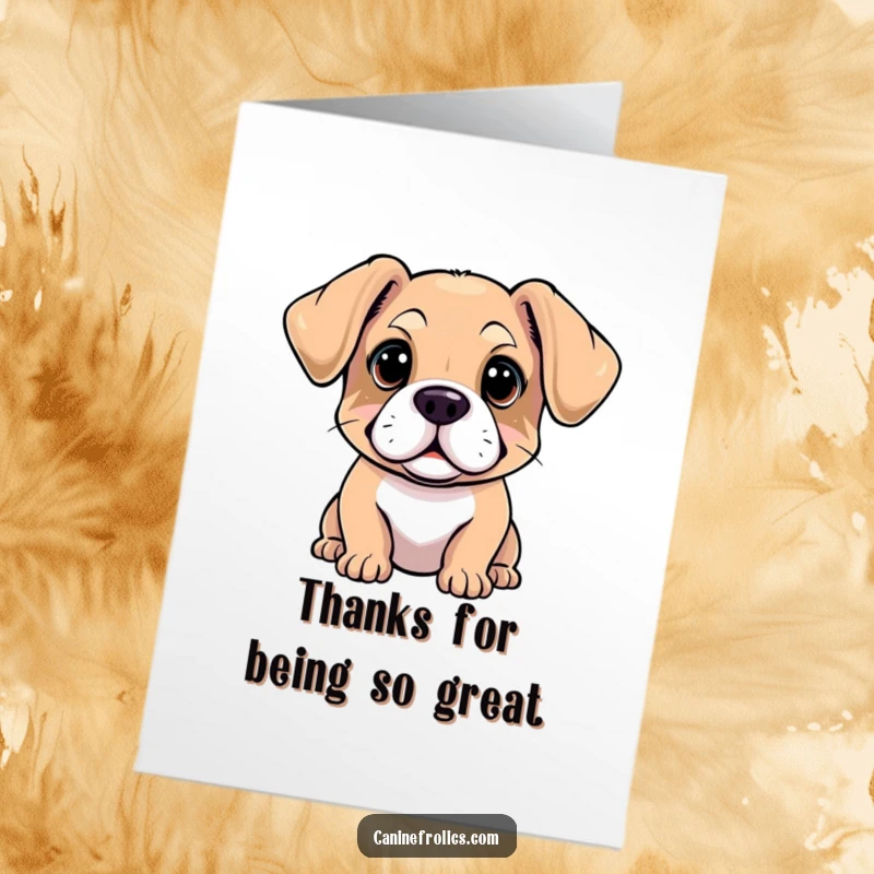 Funny Free Printable Thank You Card with an inquisitive dog, ears flopped forward, looking curiously at the thoughtful act.