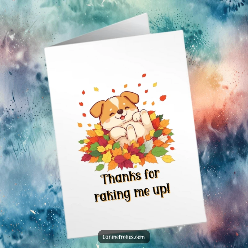Funny free printable thank you card: A happy dog rolling gleefully in a huge pile of colorful autumn leaves.