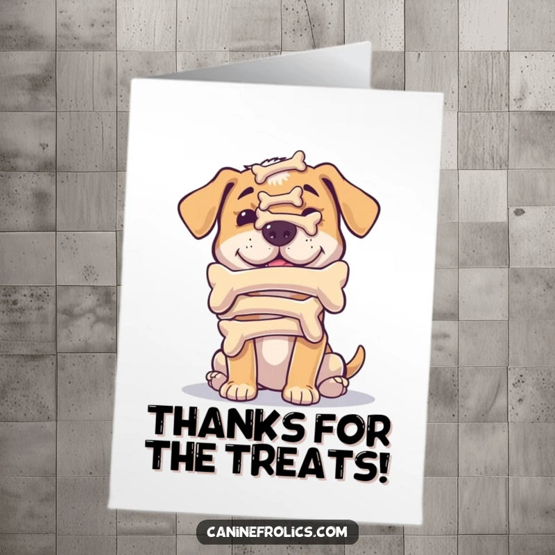 Funny Free Printable Thank You Card: A dog showcasing incredible balance, stacking multiple bones perfectly on its nose, THANK YOU!