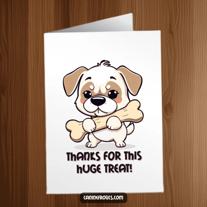 Funny Free Printable Thank You Card: A dog with a focused expression carries an impressively large bone, conveying thanks.