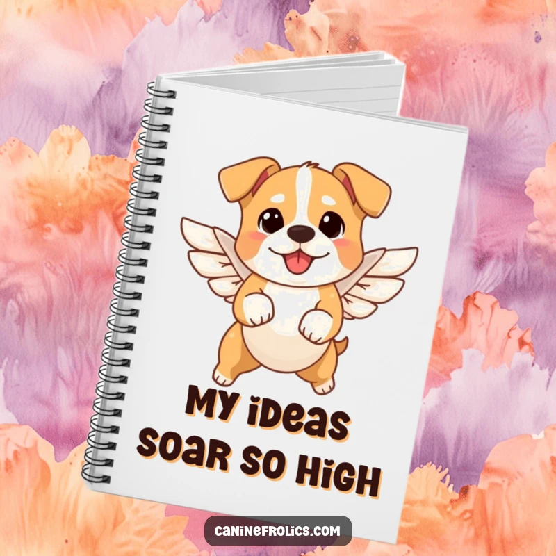 Funny angel dog notebook with a small dog sporting tiny wings in a joyful air leap, ideal for jotting down humorous thoughts.
