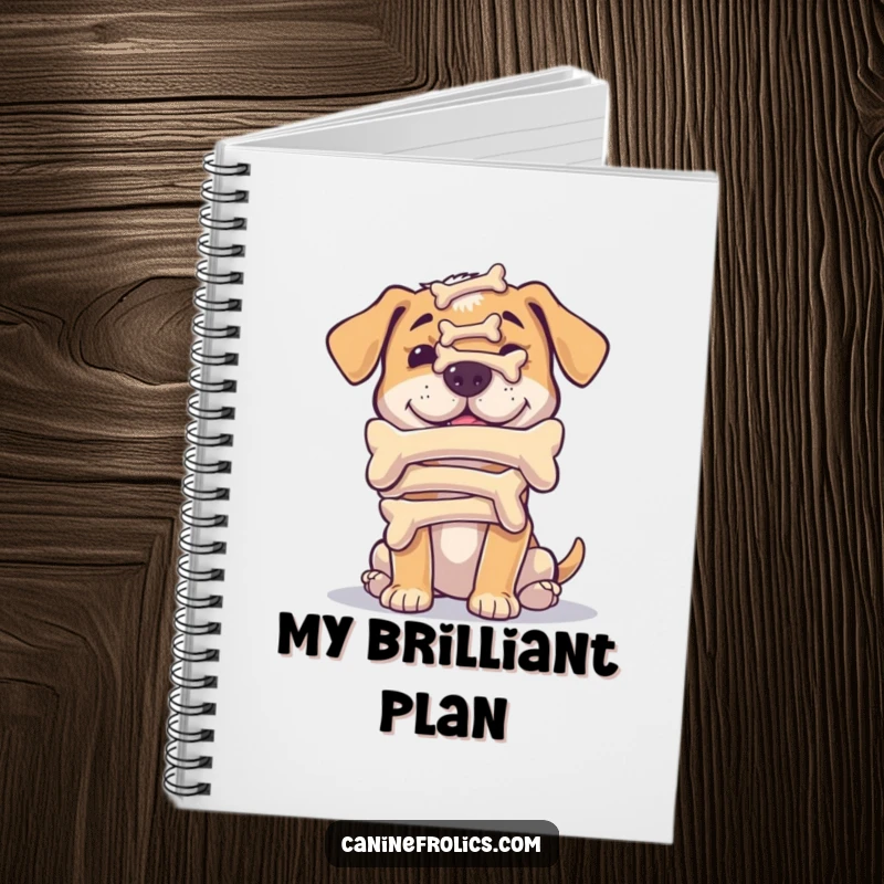 Funny notebook cover with a dog humorously balancing a stack of bones on its nose, inspiring focused note-taking.