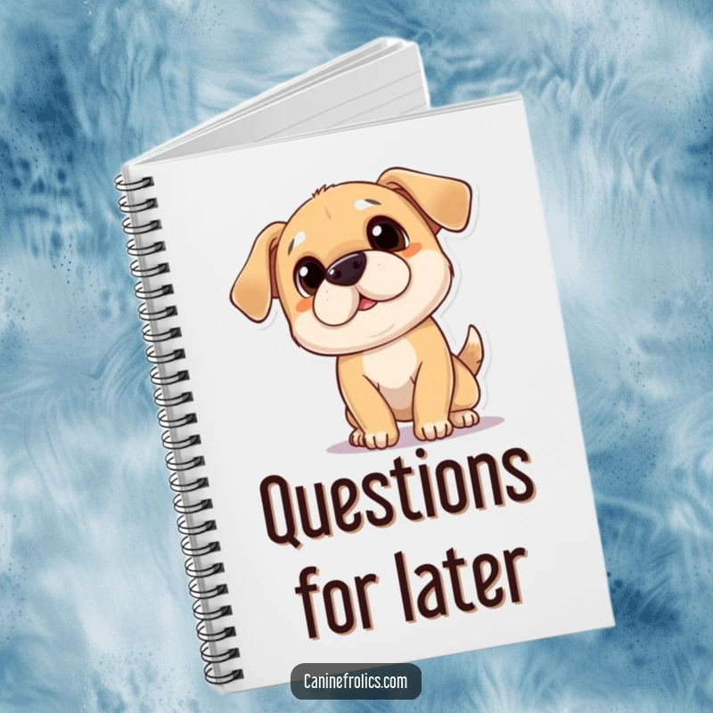 Funny notebook cover featuring a playful dog tilting its head with a curious expression, ready for your brilliant thoughts.