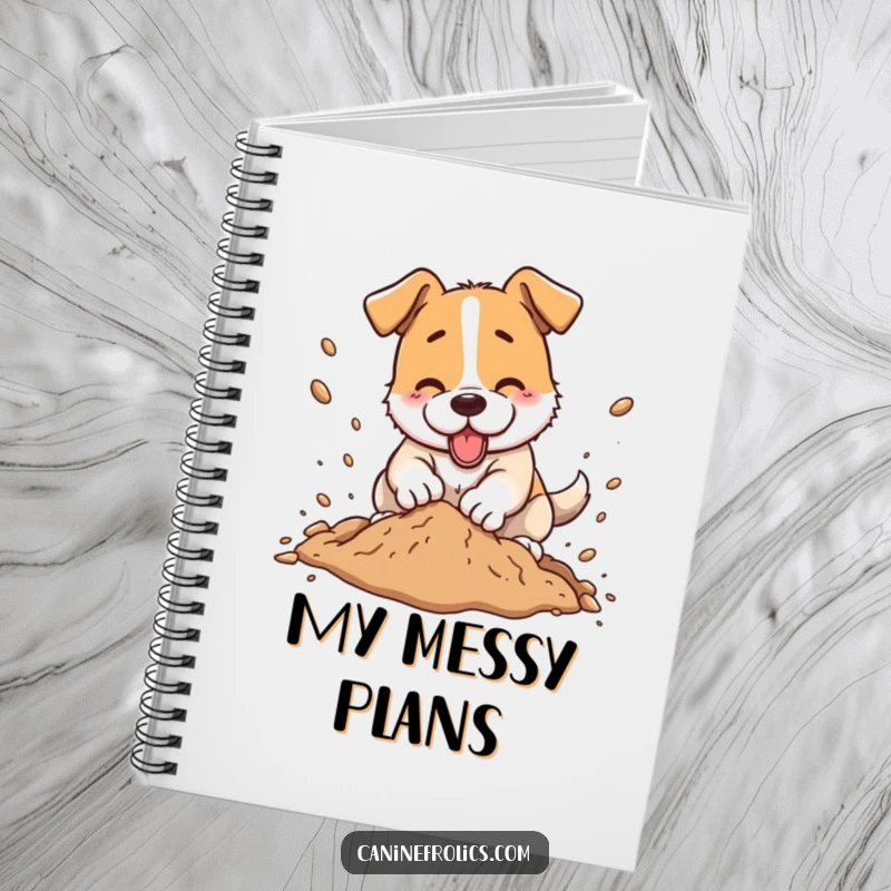 Funny dog notebook, a dog character energetically digging, dirt flying everywhere, perfect for jotting down ideas.