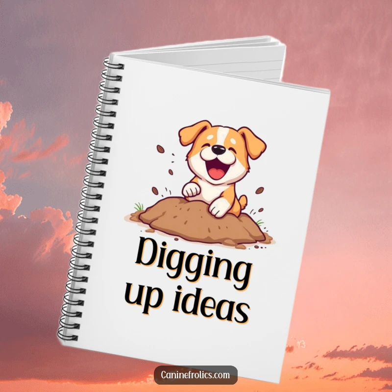 Funny Notebook: A dog energetically digging a hole, sending dirt flying playfully. Perfect for jotting down funny ideas or daily notes.