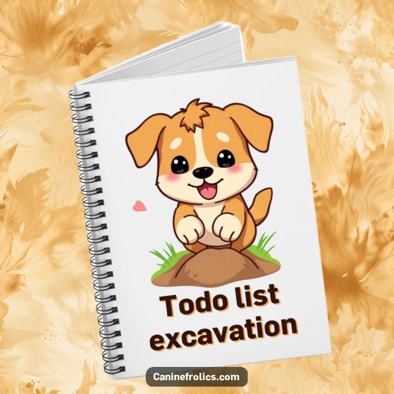 Funny Notebook: A dog character digs intensely, paws a blur, ready to document plans with humorous focus and determination.