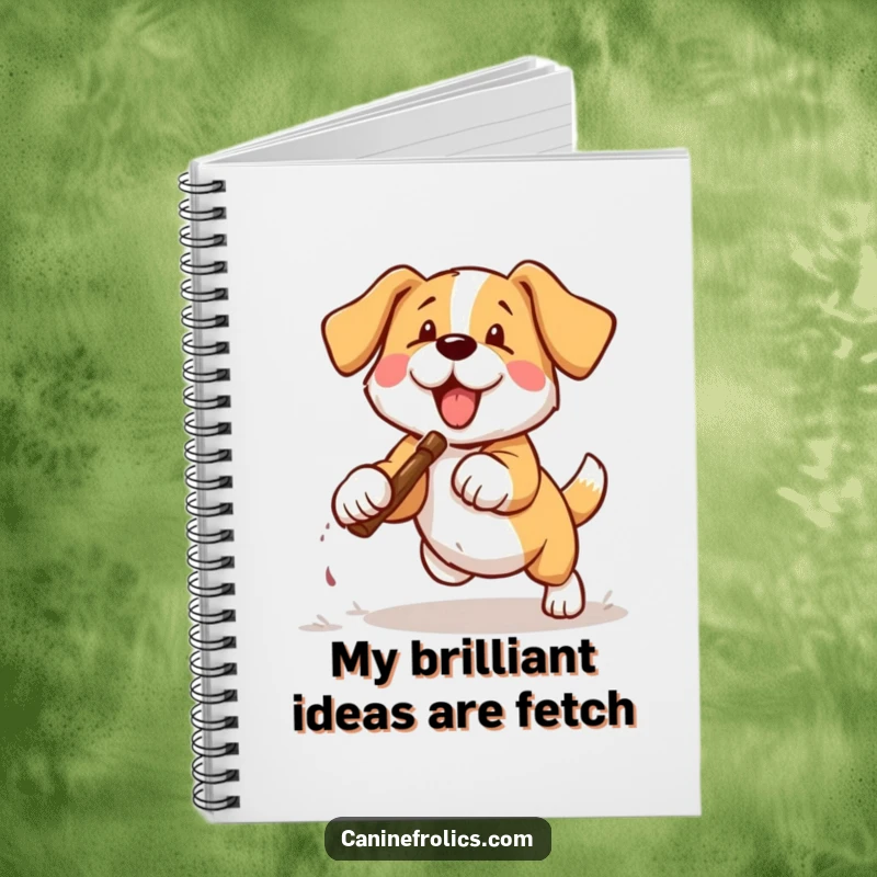 Funny dog notebook cover art showing a dog joyfully running with a stick, ready to play.