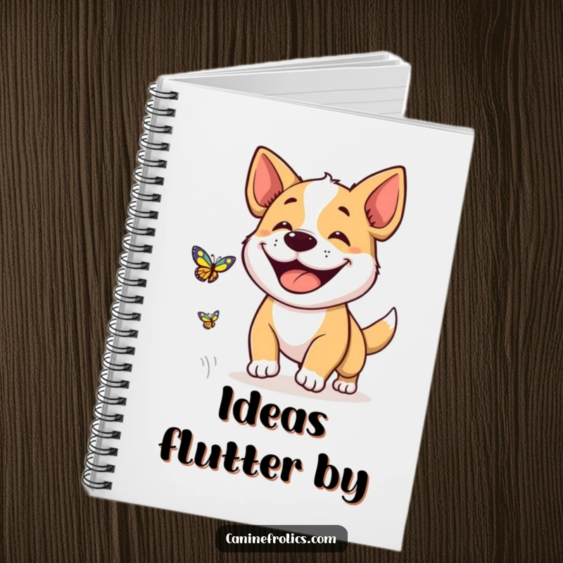 Funny notebook cover with a dog's wide, joyful grin as it chases a colorful butterfly, symbolizing happiness and playful pursuit.