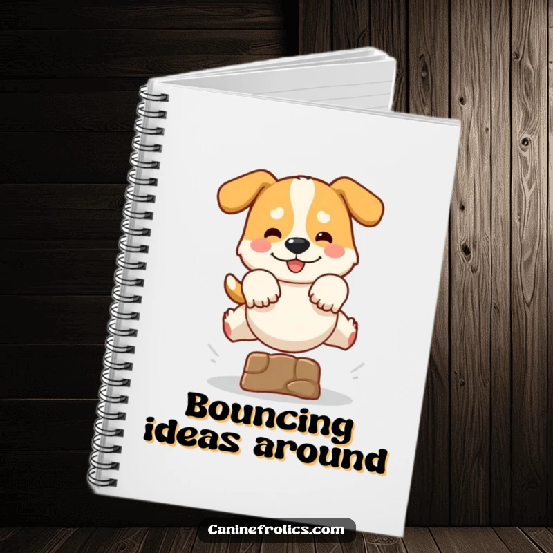 Funny notebook cover with a dog executing a playful, extended leap over a minor obstacle, paws reaching, embodying energetic creativity.