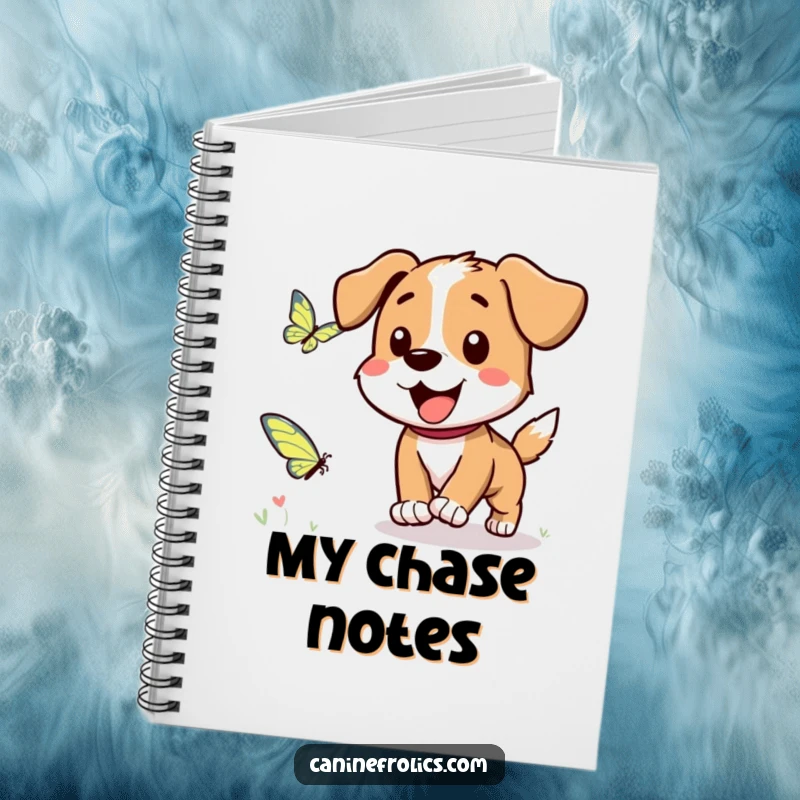 Funny Dog Notebook: A dog character happily chasing a fluttering butterfly, perfect for jotting down playful ideas.
