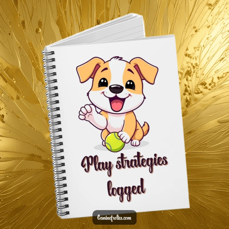 Funny notebook featuring a dog character with an excited yip, playfully nudging a tennis ball, ideal for game notes.