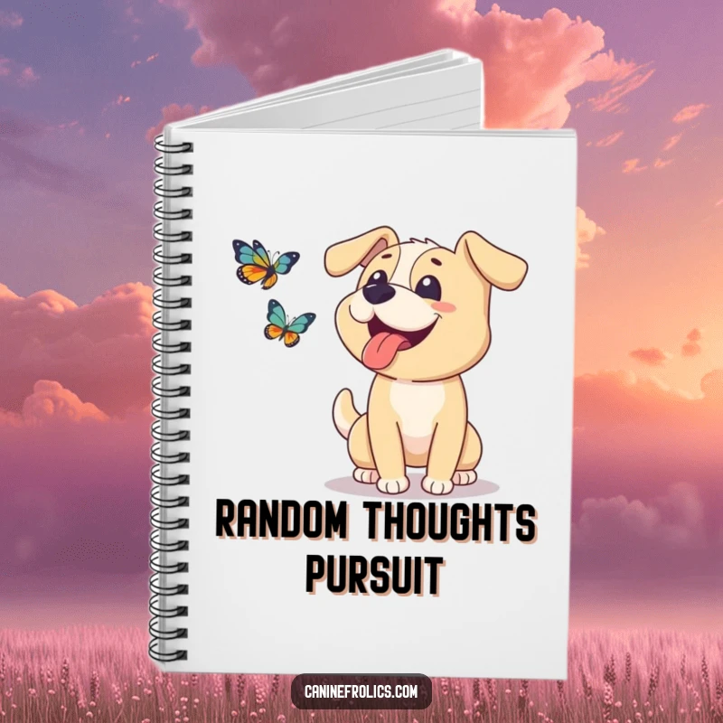 Funny dog notebook cover depicting a happy dog with its tongue lolling out, enthusiastically chasing a butterfly.