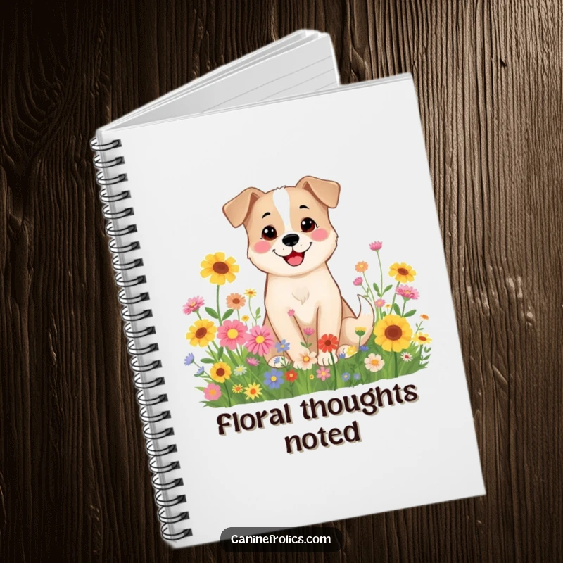 Funny Dog Notebook: A smiling dog character sitting contentedly among colorful wildflowers, perfect for journaling peaceful thoughts.