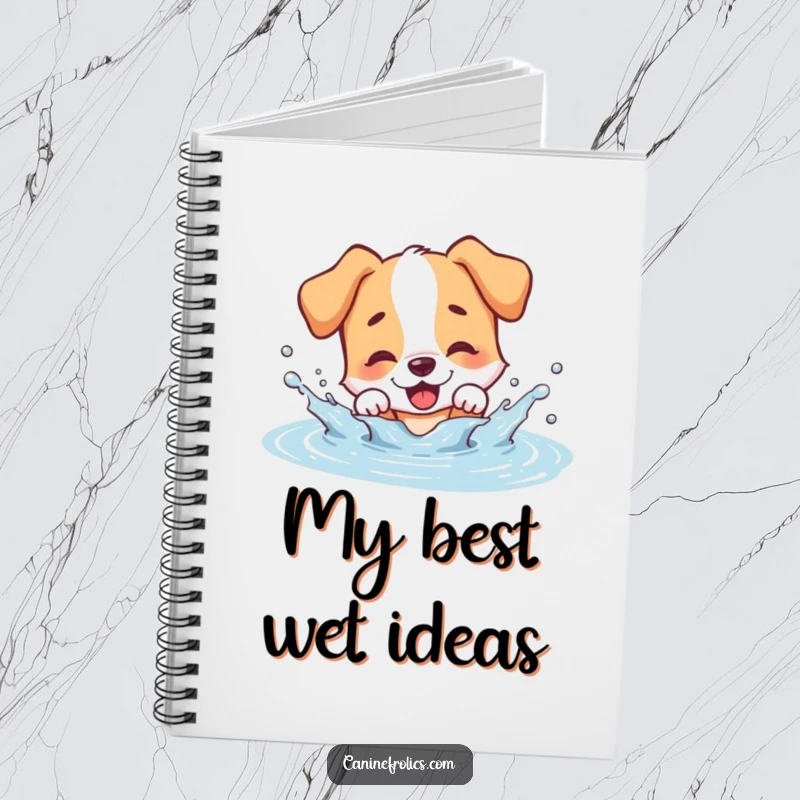 Funny dog notebook, a dog character joyfully splashing in a puddle, perfect for note-taking and journaling.