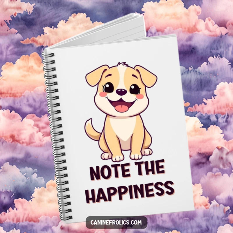 Funny notebook cover with a cheerful dog's face showing a wide grin and a wagging tail, ready to hold your brilliant ideas.