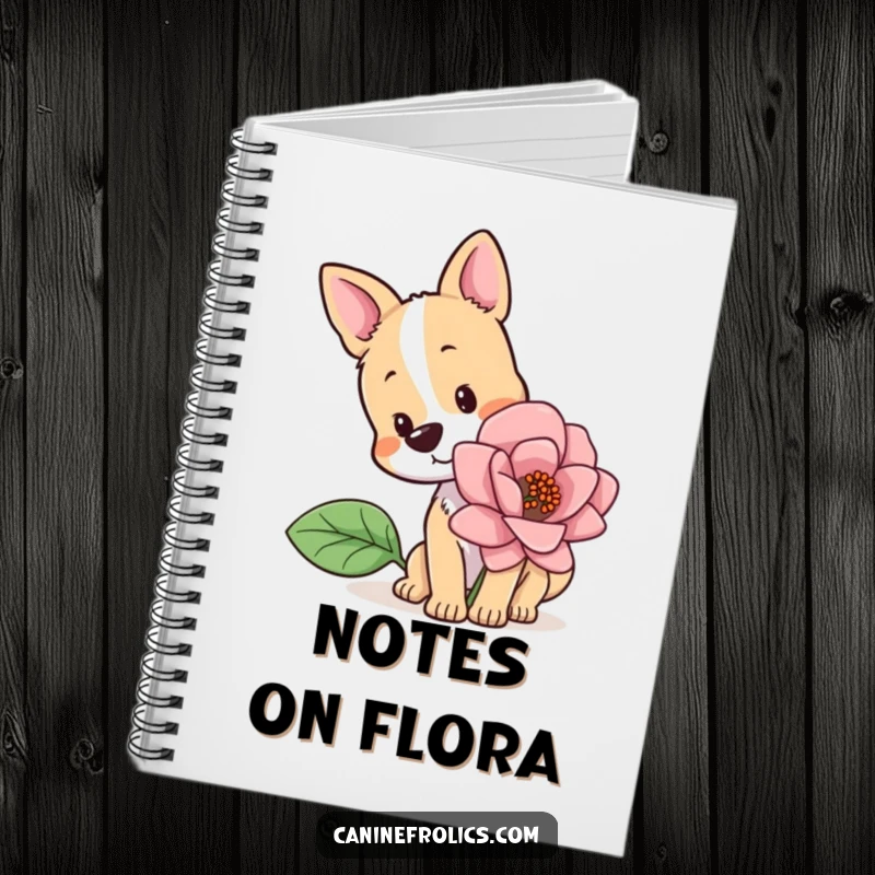 Funny notebook cover featuring a dog with a curious head tilt, sniffing a giant flower, ready to record your findings.