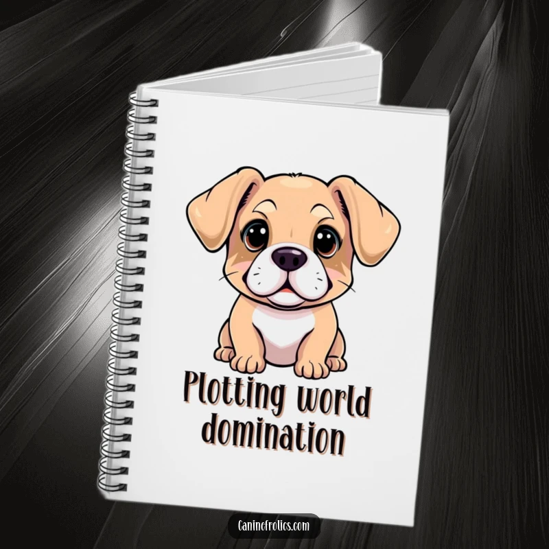 Funny notebook featuring a dog with its ears dramatically flopped forward, head tilted in a pose of pure, adorable inquisitiveness.