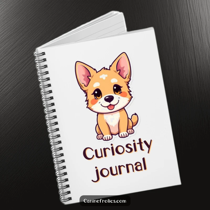 Funny notebook with a curious dog whose ears are perked, looking playful, ideal for jotting down thoughts with intrigue.